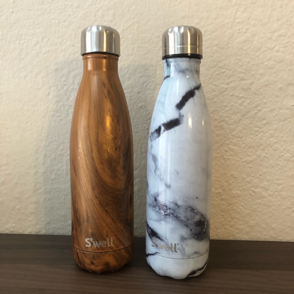 2 NWOT S’well water bottles. Marble and wood